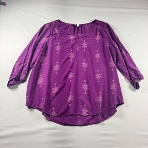 Sonoma Goods For Life Womens Purple Medallion Print Peasant Blouse Large 3/4 Slv